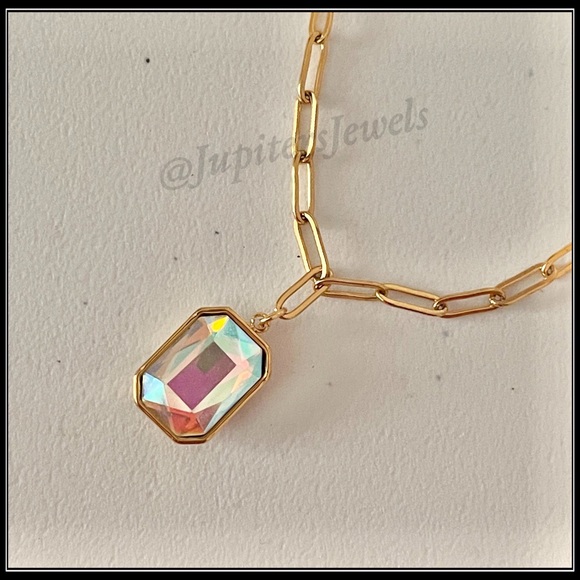 14k Gold Aurora Borealis Prism Emerald Cut Crystal Minimalist Paperclip Necklace - Picture 5 of 9